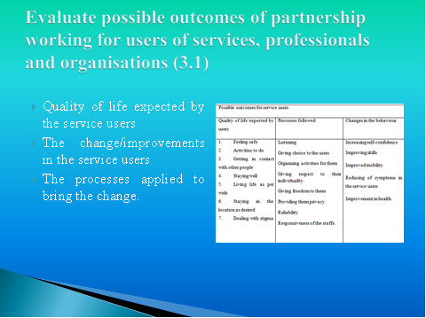 outcomes of partnership working for users of services, professionals and organisations 